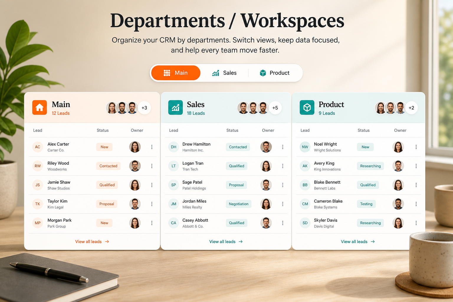 Illustration of CRM departments as separate team workspaces under one tenant